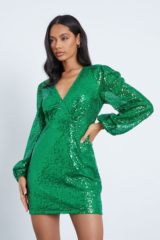 Green Sequin Balloon Sleeve Plunge ...